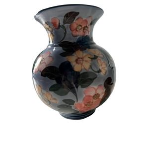 Andrea by Sadek Floral Vase Porcelain Navy Green Pink Purple Blue Flowers 8”